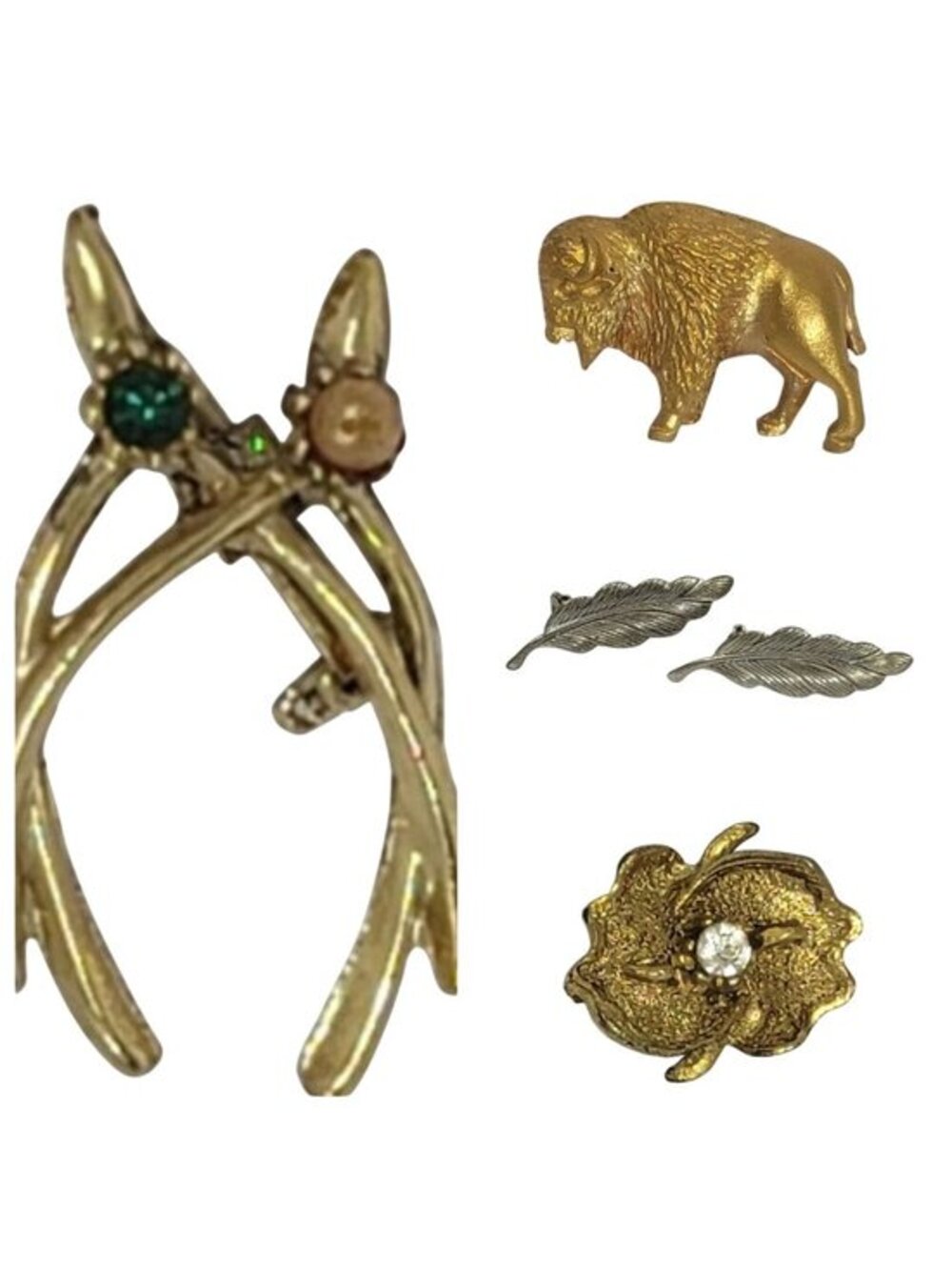 Set Of 4 Vintage Brooches: Wishbone Buffalo Leaf Floral Design With Gold-Tone &